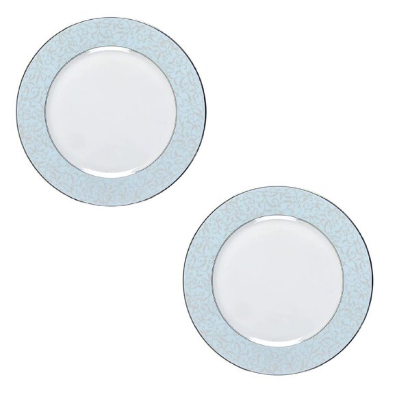 2 new Mikasa Parchment Blue Fine China 10.75" Dinner Plates w/ Platinum Scrolls - Picture 1 of 6
